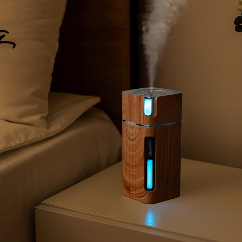 saengQ Electric Humidifier Aroma Oil Diffuser Essential Ultrasonic Wood Grain Air Humidifier USB Mini Mist Maker LED Light