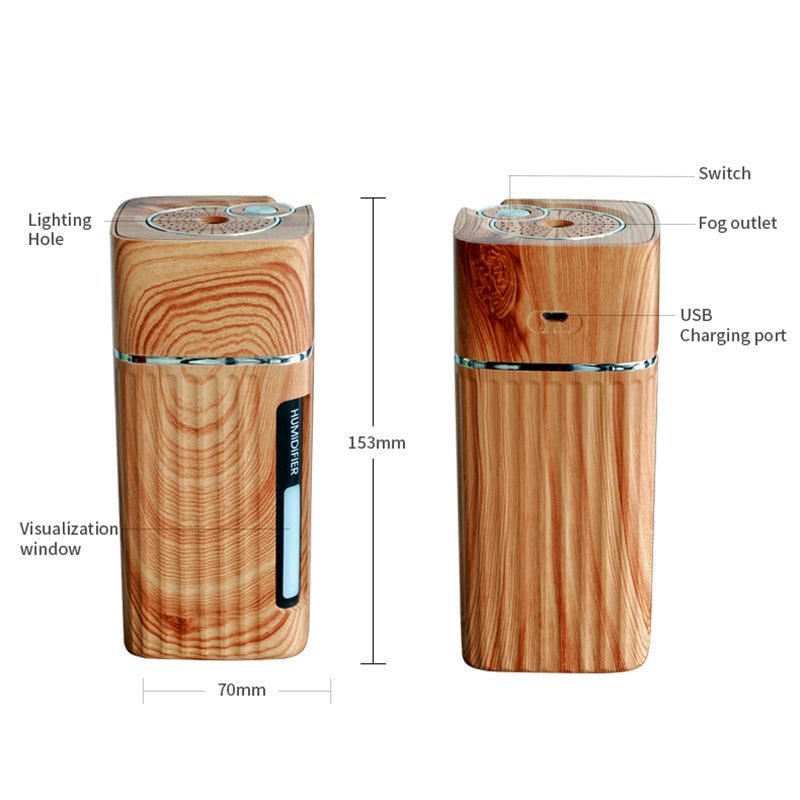 saengQ Electric Humidifier Aroma Oil Diffuser Essential Ultrasonic Wood Grain Air Humidifier USB Mini Mist Maker LED Light