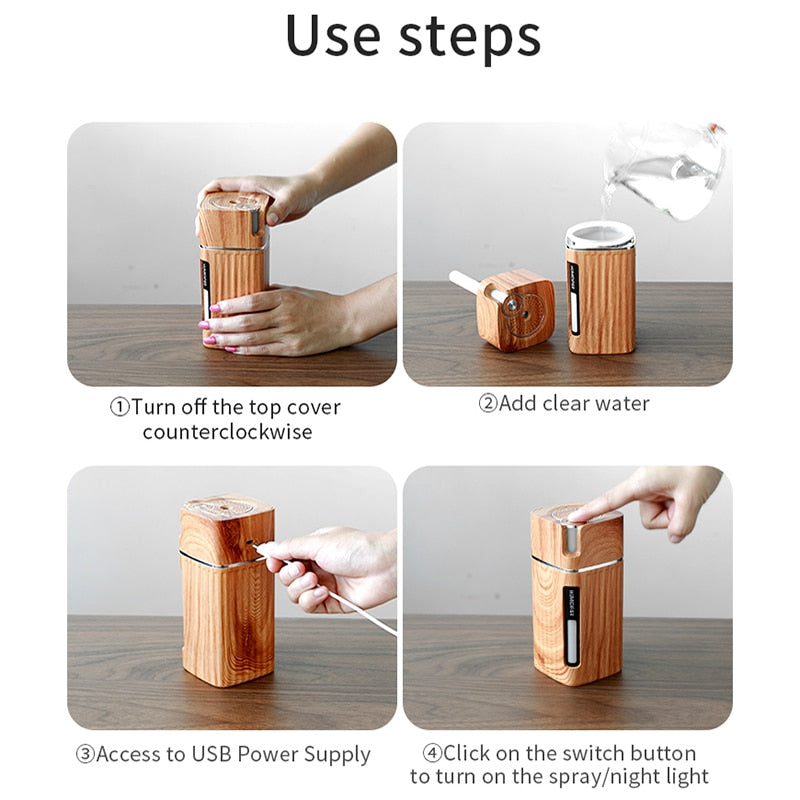 saengQ Electric Humidifier Aroma Oil Diffuser Essential Ultrasonic Wood Grain Air Humidifier USB Mini Mist Maker LED Light