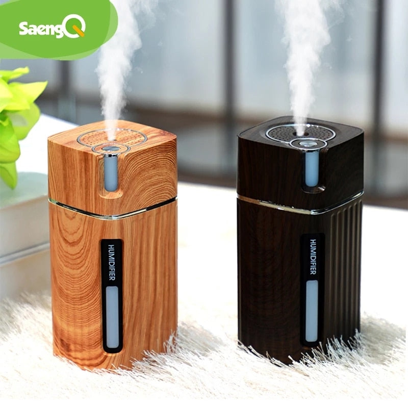 saengQ Electric Humidifier Aroma Oil Diffuser Essential Ultrasonic Wood Grain Air Humidifier USB Mini Mist Maker LED Light